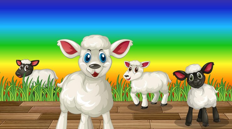 Vetor grátis personagem de desenho animado de muitos bebês ovelhas em fundo gradiente de arco-íris