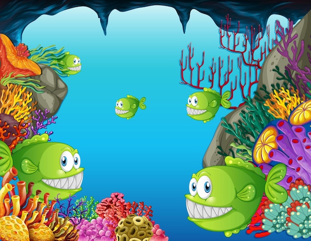 Personagem de desenho animado de muitos peixes exóticos na cena subaquática com corais