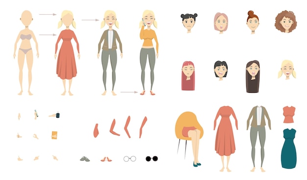 Personagem de desenho animado de mulher com pele de cabelo e roupas