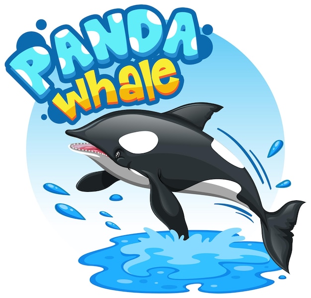 Personagem de desenho animado de orca ou baleia assassina com a fonte panda whale isolada