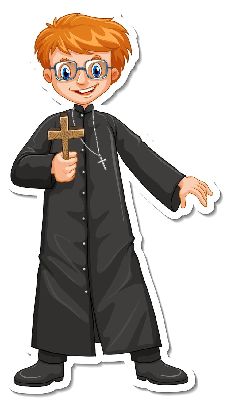 Vetor grátis personagem de desenho animado de padre segurando um adesivo de cruz cristã
