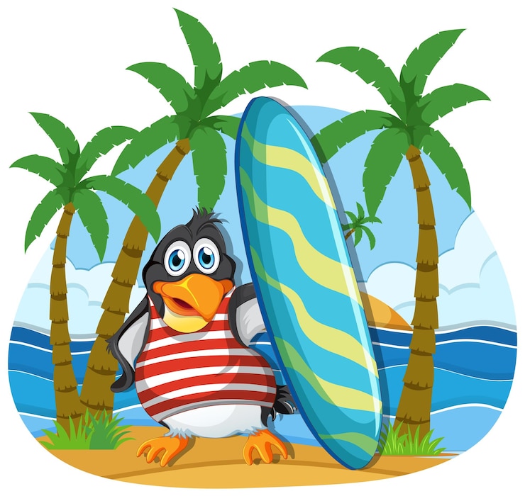 Vetor grátis personagem de desenho animado de pinguim fofo nas férias de verão