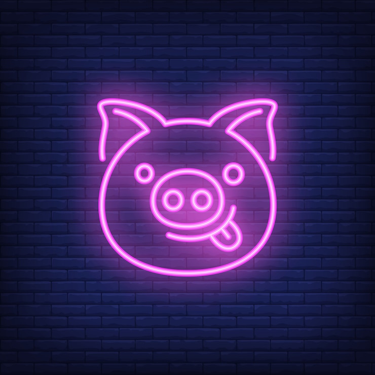 Vetor grátis personagem de desenho animado de porco-de-rosa sorridente. elemento de sinal de néon. anúncio brilhante da noite.
