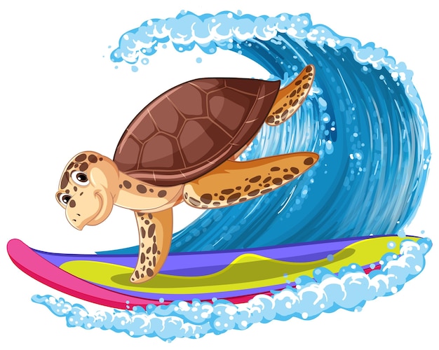 Personagem de desenho animado de tartaruga fofa surfando