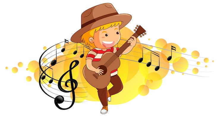 Vetor grátis personagem de desenho animado de um menino tocando guitarra em um fundo de símbolos de melodia