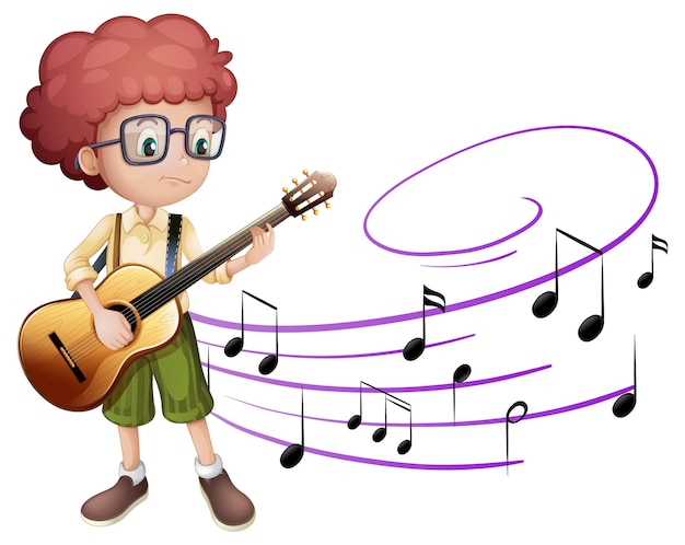 Vetor grátis personagem de desenho animado de um menino tocando violão com símbolos de melodia