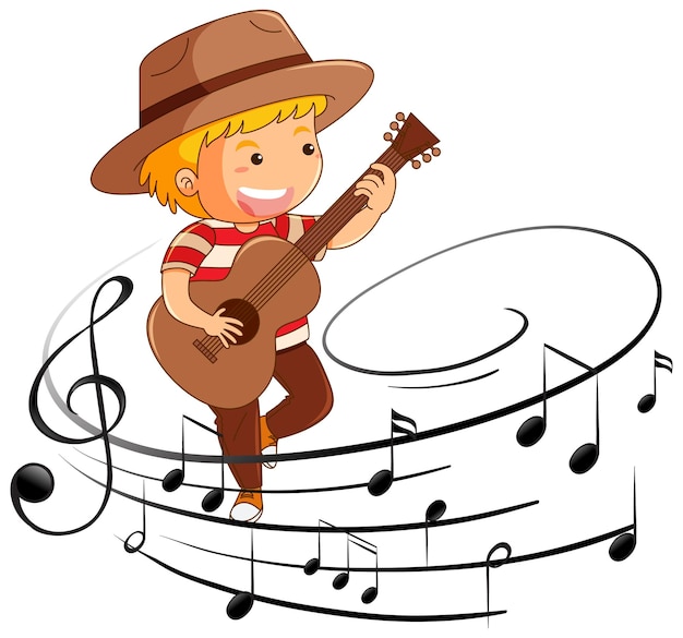 Personagem de desenho animado de um menino tocando violão com símbolos de melodia
