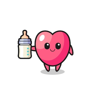 Personagem de desenho animado do símbolo do coração do bebê com garrafa de leite
