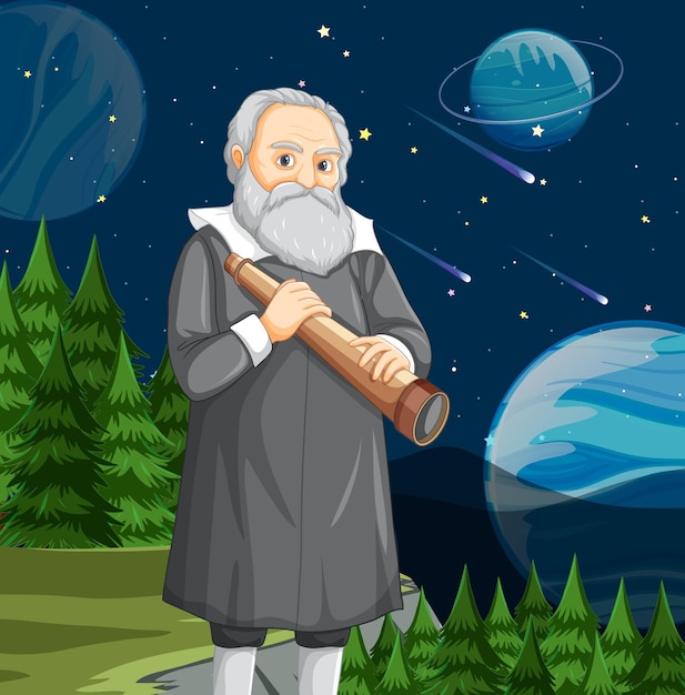 Personagem de desenho animado galileo galilei segurando o telescópio