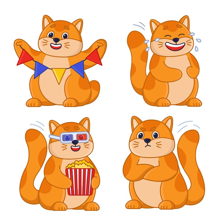 Vetor grátis personagem de desenho animado gato rindo ficando com raiva assistindo filme comendo pipoca segurando o conjunto de guirlandas