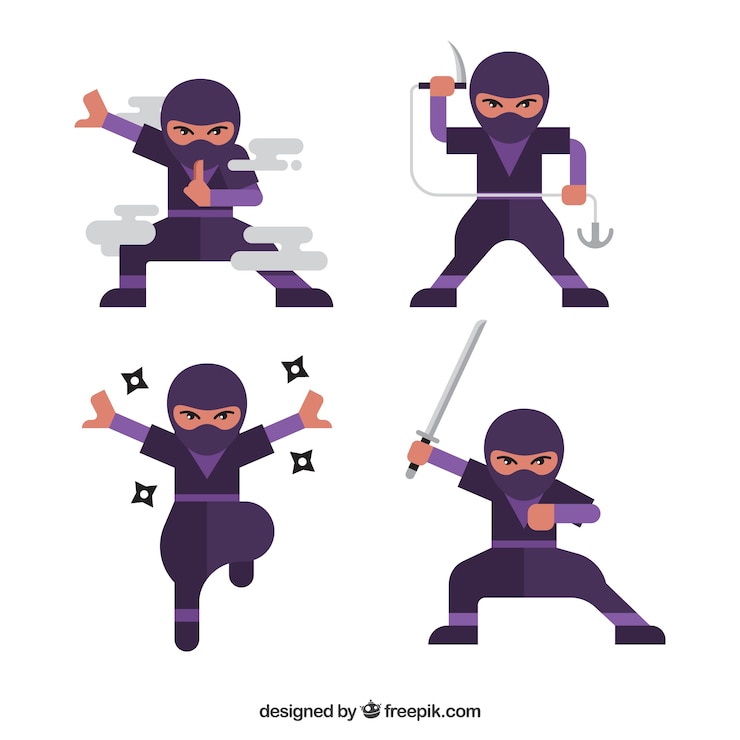 Vetor grátis personagem de desenho animado ninja em poses diferentes