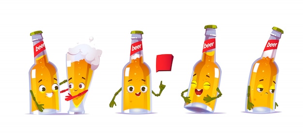 Personagem de garrafa de cerveja bonito em poses diferentes