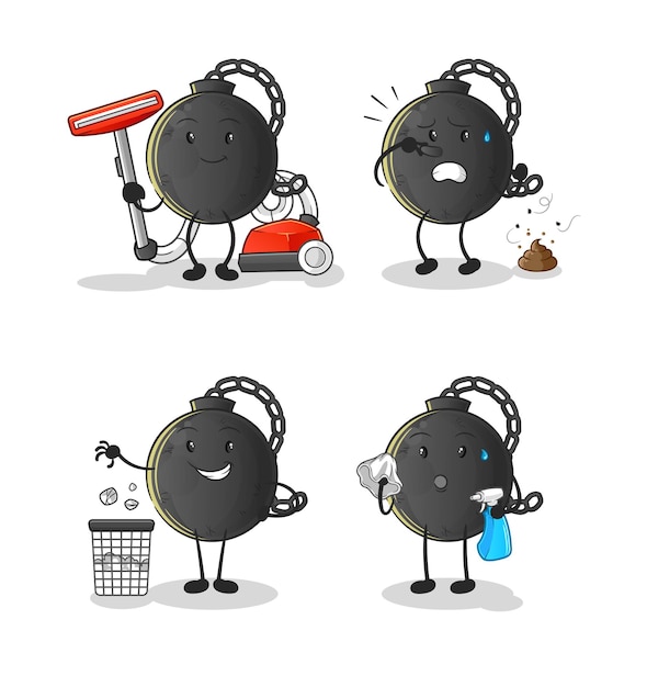 Personagem de grupo de limpeza de bola de prisão. vetor mascote dos desenhos animados Vetor Premium