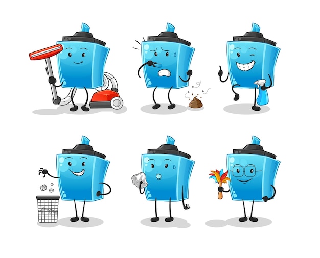 Personagem de grupo de limpeza de caneta marcador. vetor de mascote de desenho animado