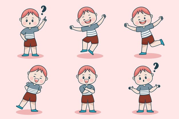 Personagem de jovem garoto esperto com diferentes expressões faciais e poses de mão.