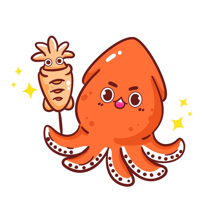 Vetor grátis personagem de lula bonito logotipo do restaurante de frutos do mar desenho à mão ilustração vetorial
