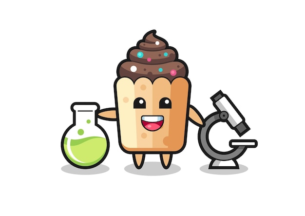 Personagem de mascote de cupcake como cientista, design fofo