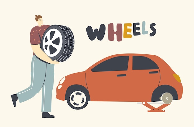 Vetor grátis personagem de mecânico ou motorista consertando roda de carro quebrada, homem segurando pneu sobressalente nas mãos