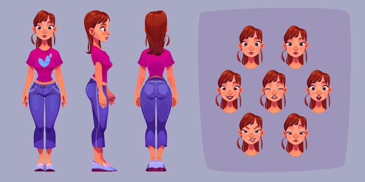 Vetor grátis personagem de menina para a frente traseira do lado da animação