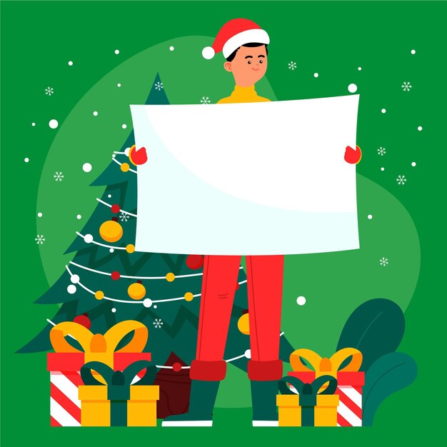 Personagem de Natal segurando uma faixa em branco