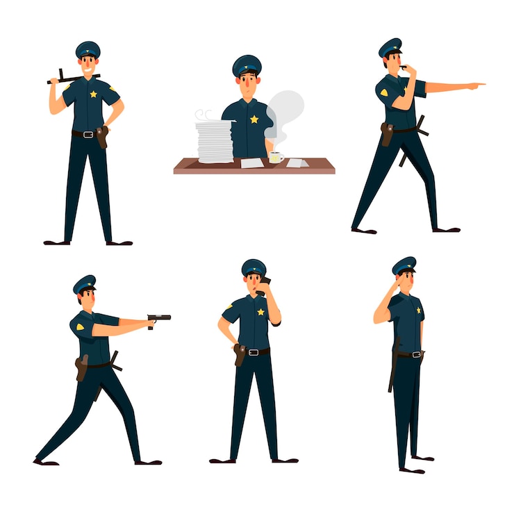 Vetor grátis personagem de policial em conjunto de poses de ação. ilustrações de policial em uniforme de policial com arma e distintivo