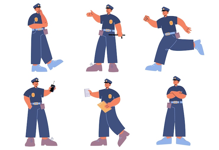 Vetor grátis personagem de policial em poses diferentes policial ou guarda de uniforme azul com boné e distintivo ilustração em vetor plana de policial homem com bastão de walkie-talkie e multa de trânsito