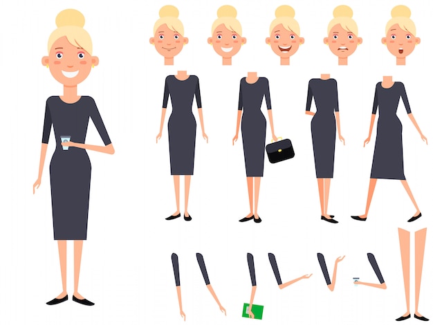 Vetor grátis personagem de senhora elegante conjunto com diferentes poses, emoções