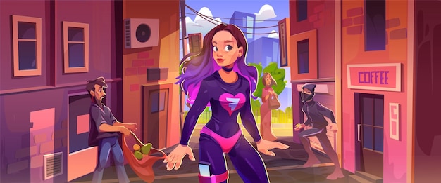 Personagem de super-herói menina no beco da rua da cidade