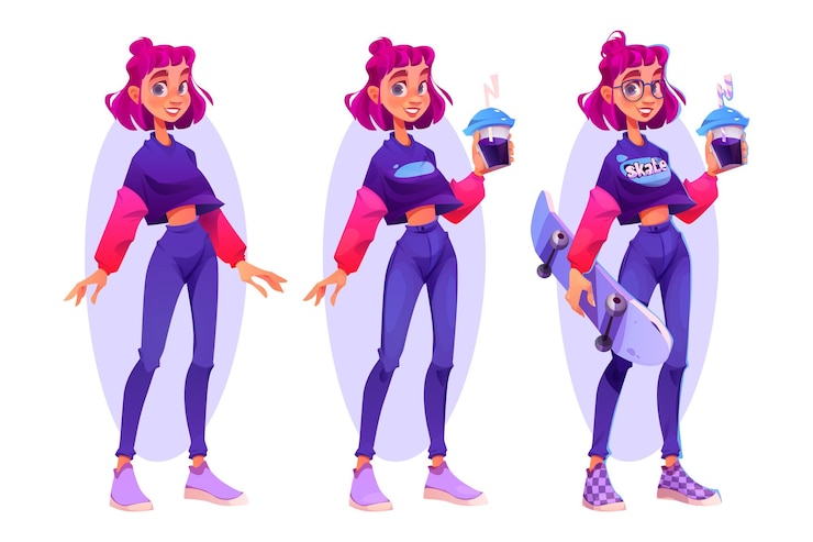 Vetor grátis personagem de suporte de garota hipster com conjunto de vetores de desenhos animados de café e skate visão completa sorriso jovem com penteado rosa e roupa adolescente com óculos em pé em ilustração isolada de pose diferente