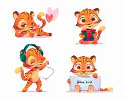 Vetor grátis personagem de tigre bebê fofo em diferentes poses. conjunto de vetores de bot de bate-papo dos desenhos animados, gatinho engraçado flerta, ouvir música em fones de ouvido, segurando a caixa de presente e a bandeira branca. conjunto de emoji criativo, mascote animal