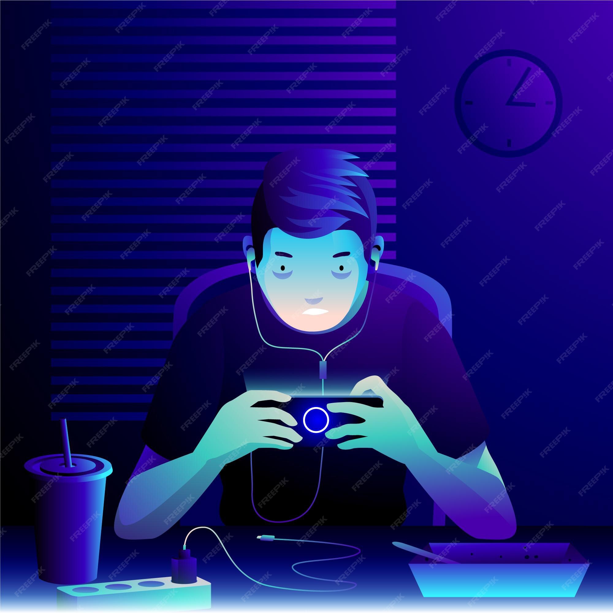 Personagem jogando jogos para celular no meio da noite