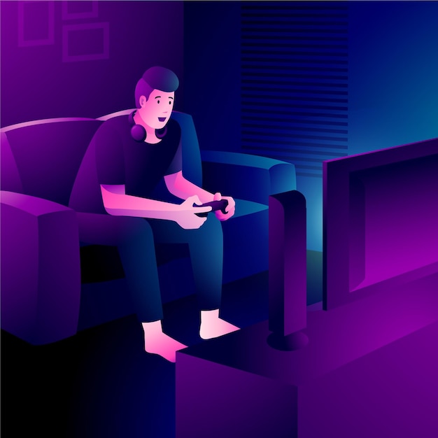 Personagem jogando videogame no sofá