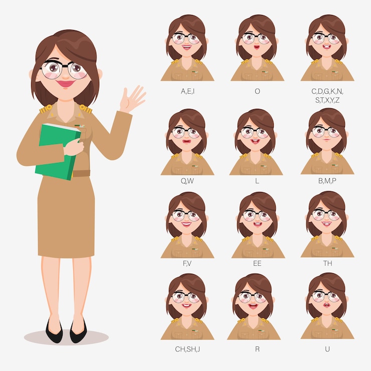 Vetor grátis personagem para boca de animação em mulher professora boca pronuncia letras com lábios, língua e dentes