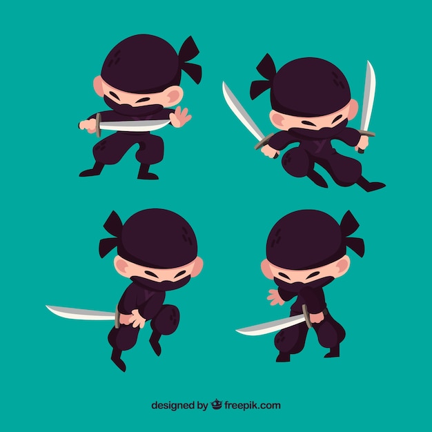 Personagem plana ninja em poses diferentes