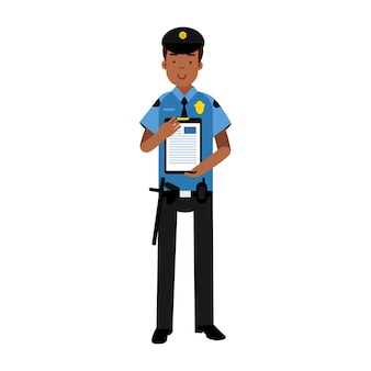 Personagem policial em um uniforme azul segurando uma prancheta com formulário para ilustração vetorial de relatório policial em um fundo branco