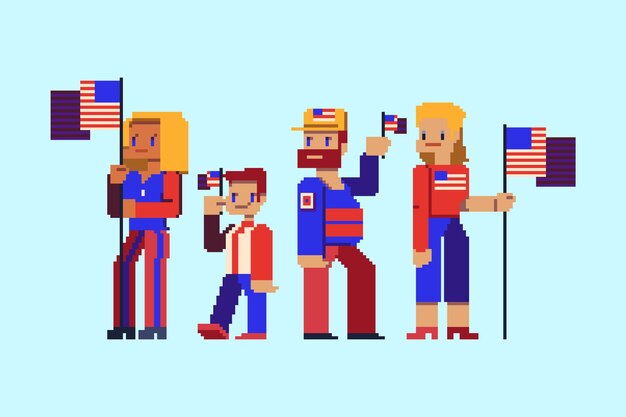 Personagens de 4 de julho de pixel art plano