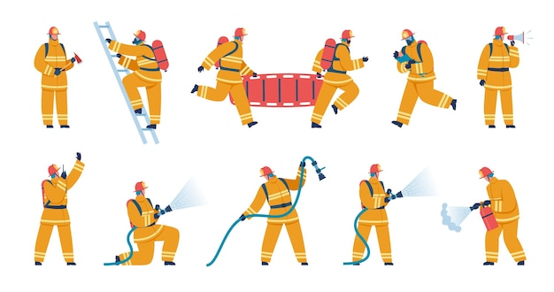 Personagens de bombeiro de uniforme, bombeiros com equipamentos de combate a incêndios. bombeiros salvando criança, apagando fogo usando conjunto de vetores de mangueira