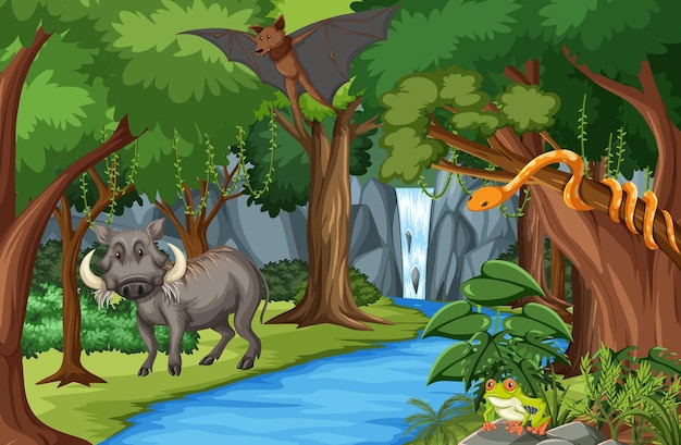 Personagens de desenhos animados de animais selvagens na cena da floresta