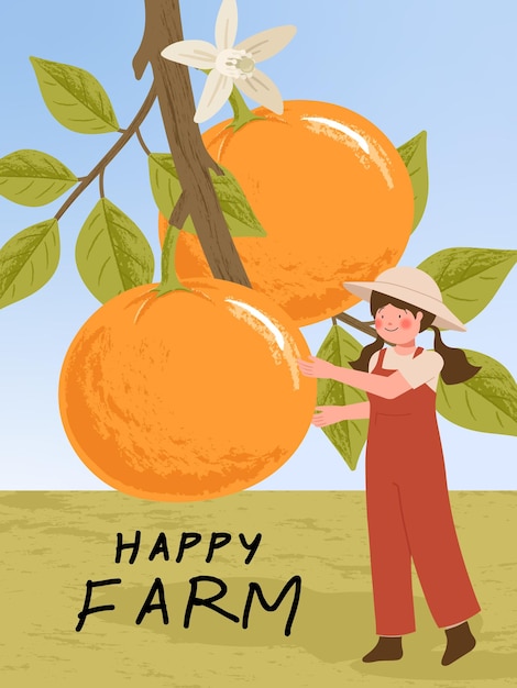 Vetor grátis personagens de desenhos animados de fazendeiros com frutas cítricas de laranja colhidas em ilustrações de cartazes de fazenda
