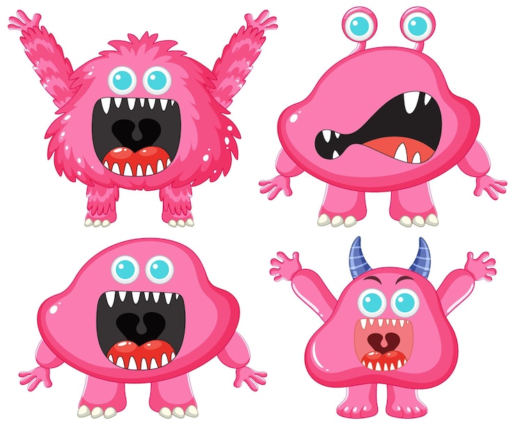 Vetor grátis personagens de desenhos animados de monstros alienígenas rosa fofos