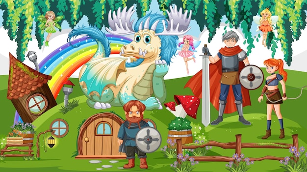 Vetor grátis personagens de desenhos animados folclóricos de fantasia na floresta
