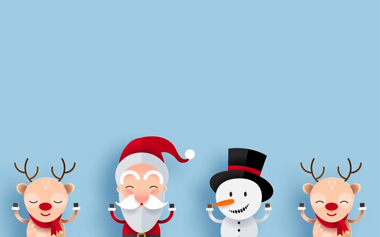 Personagens de Natal feliz com copyspace para mensagem de saudação. Papai Noel, boneco de neve e rena