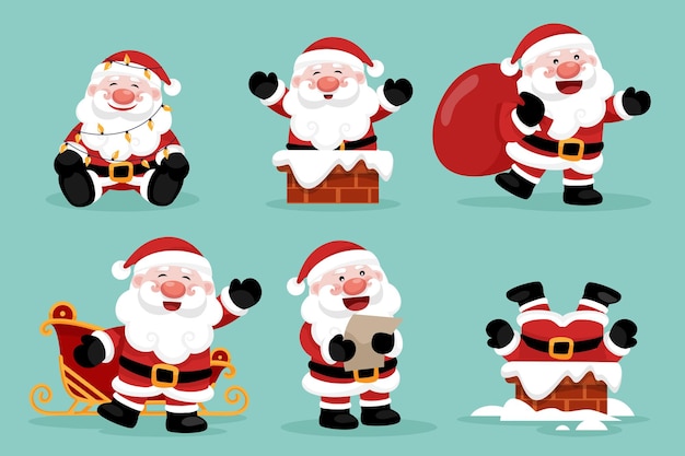 Personagens de Papai Noel em várias poses e cenas Elemento de recorte de feliz Natal