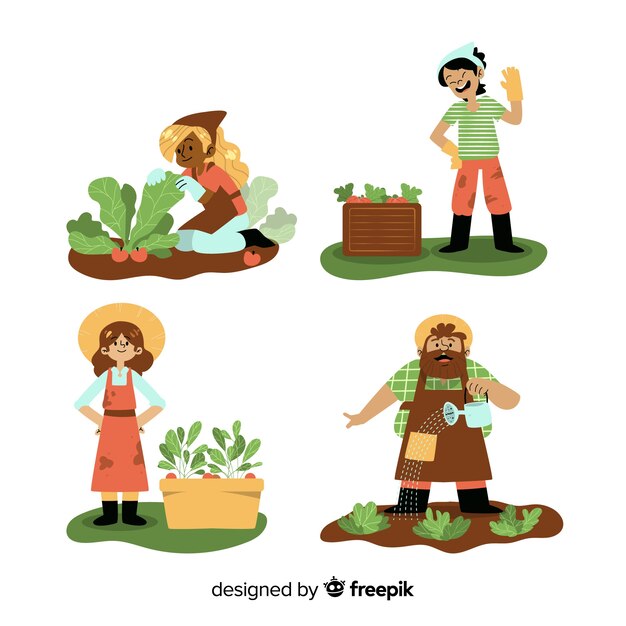 Personagens de trabalhadores agrícolas de design plano colheita de legumes