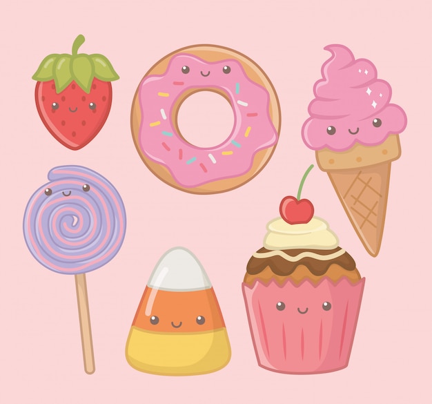 Personagens deliciosos e doces kawaii