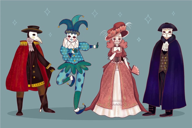 Personagens desenhados à mão usando fantasias de carnaval veneziano