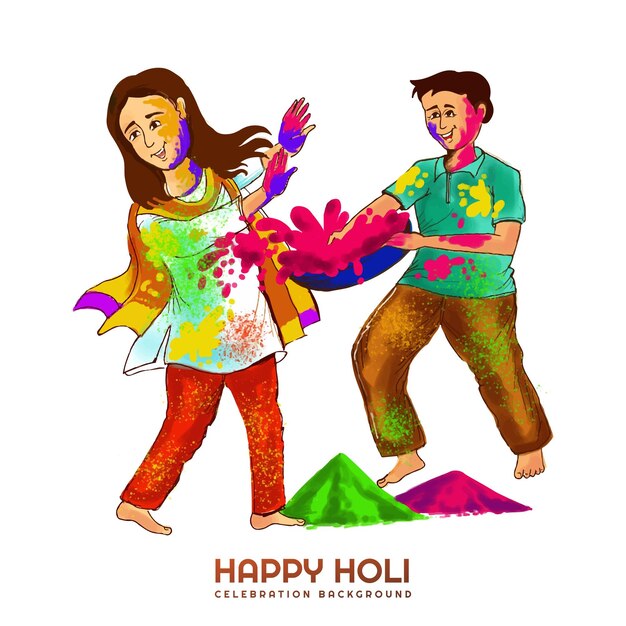 Personagens divertidos de desenho à mão celebram o fundo colorido do cartão holi