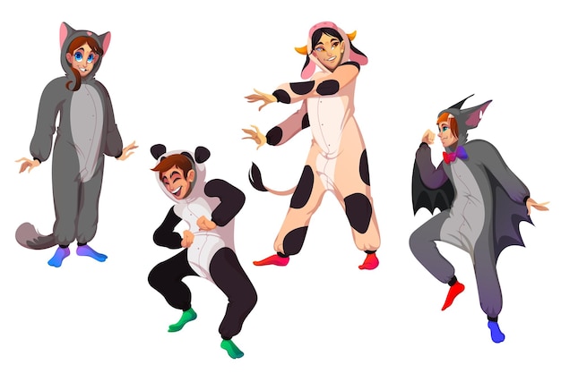 Personagens em kigurumi, pessoas em fantasias de animais na festa do pijama. conjunto de desenhos animados de vetor de homens e mulheres felizes em pijamas engraçados de vaca, gato, morcego e panda isolado no fundo branco