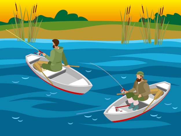 Vetor grátis pescadores em barcos com hastes durante a captura de peixes no rio isométrico