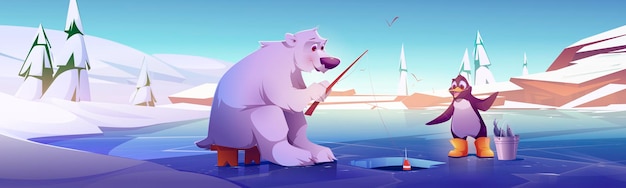 Pescaria de urso branco e pinguim, personagens fofinhos de animais selvagens sentados no bloco de gelo perto de um buraco, pegando peixes com varas e depois colocados no balde. Livro de contos de fadas ou personagens de jogos, ilustração vetorial de desenho animado